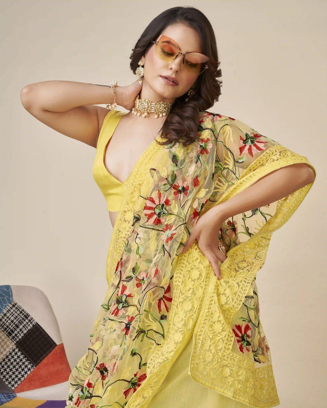 Soft-Net Saree with Mono-Banglori Blouse | Thread-Chikankari Embroidery for Wedding