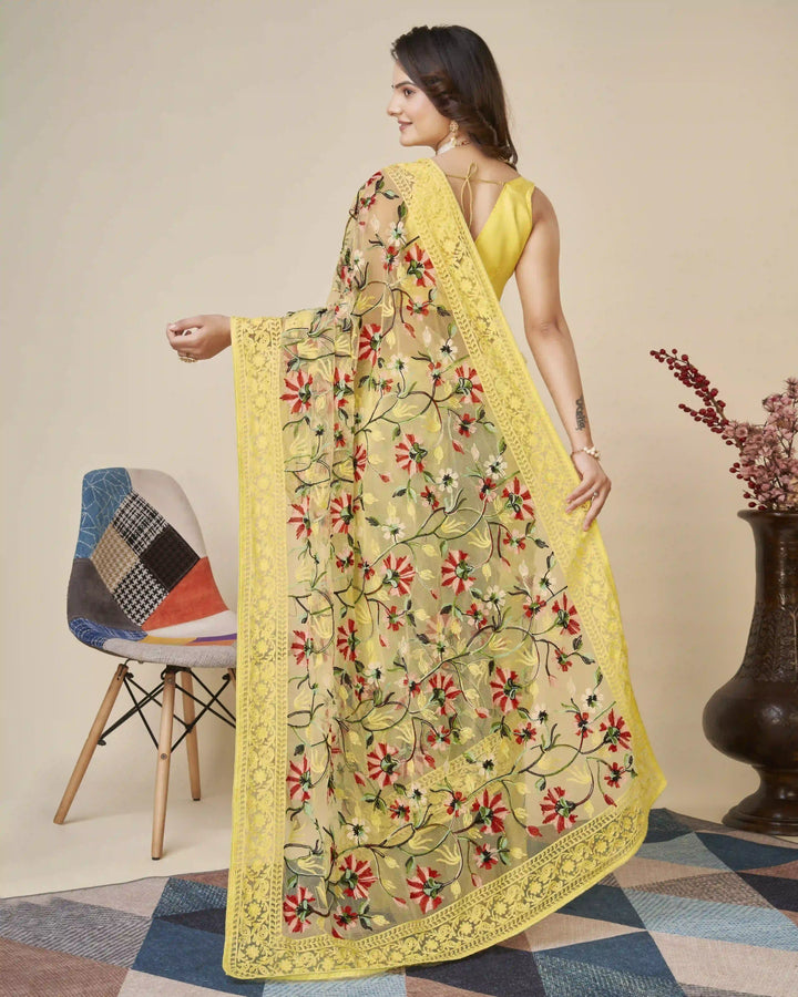 Soft-Net Saree with Mono-Banglori Blouse | Thread-Chikankari Embroidery for Wedding