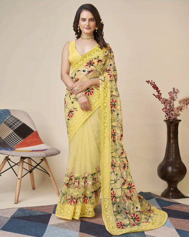 Soft-Net Saree with Mono-Banglori Blouse | Thread-Chikankari Embroidery for Wedding