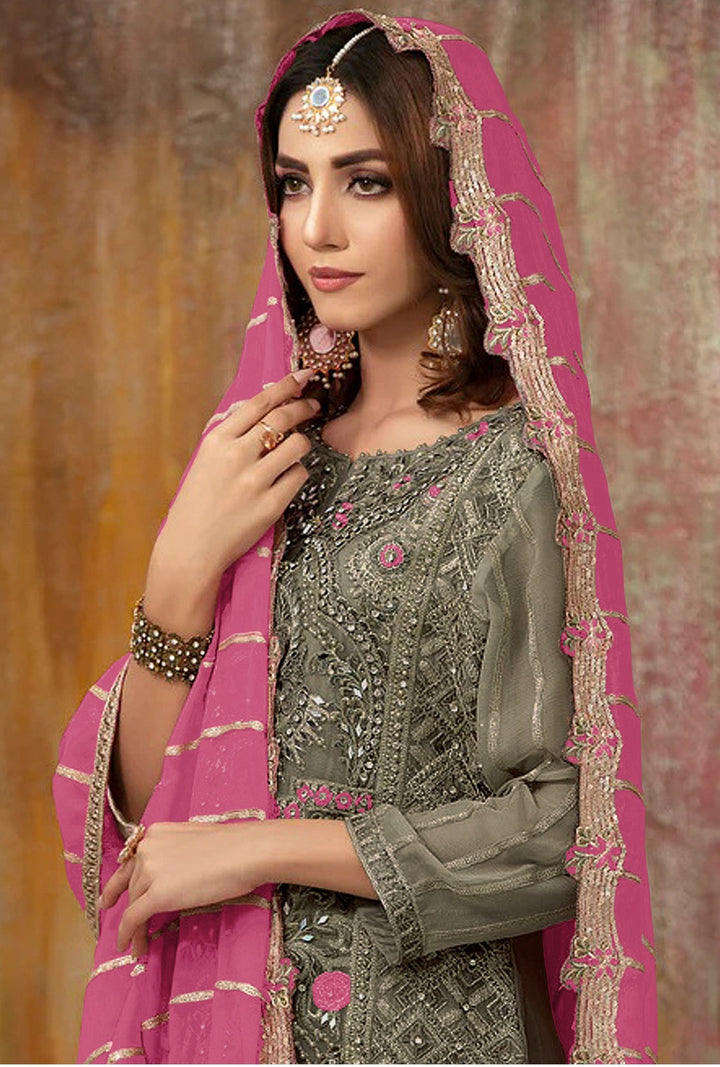 Grey Faux-Georgette Salwar Kameez | Sequin Embroidery & Three-Quarter Sleeves for Weddings