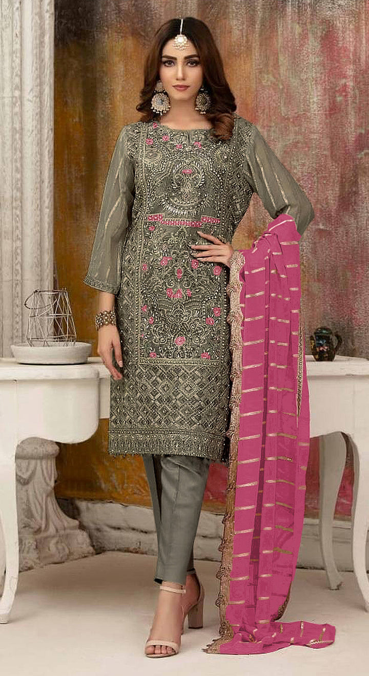 Grey Faux-Georgette Salwar Kameez | Sequin Embroidery & Three-Quarter Sleeves for Weddings