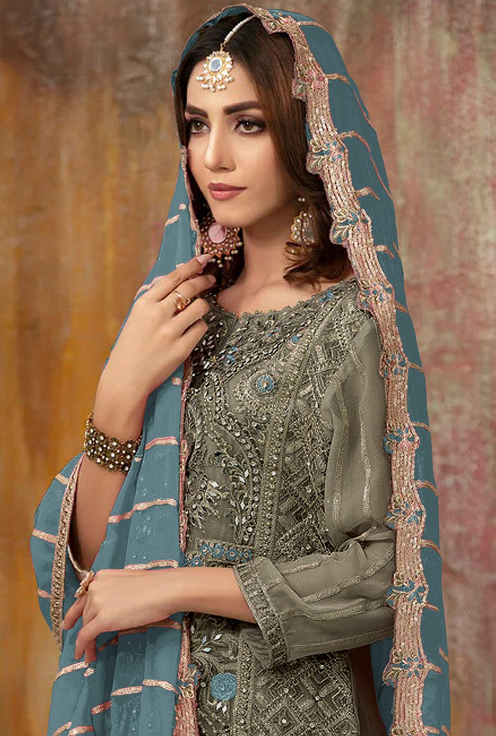 Designer Embroidered Salwar Suit | Gray Traditional Outfit with Santoon Bottom