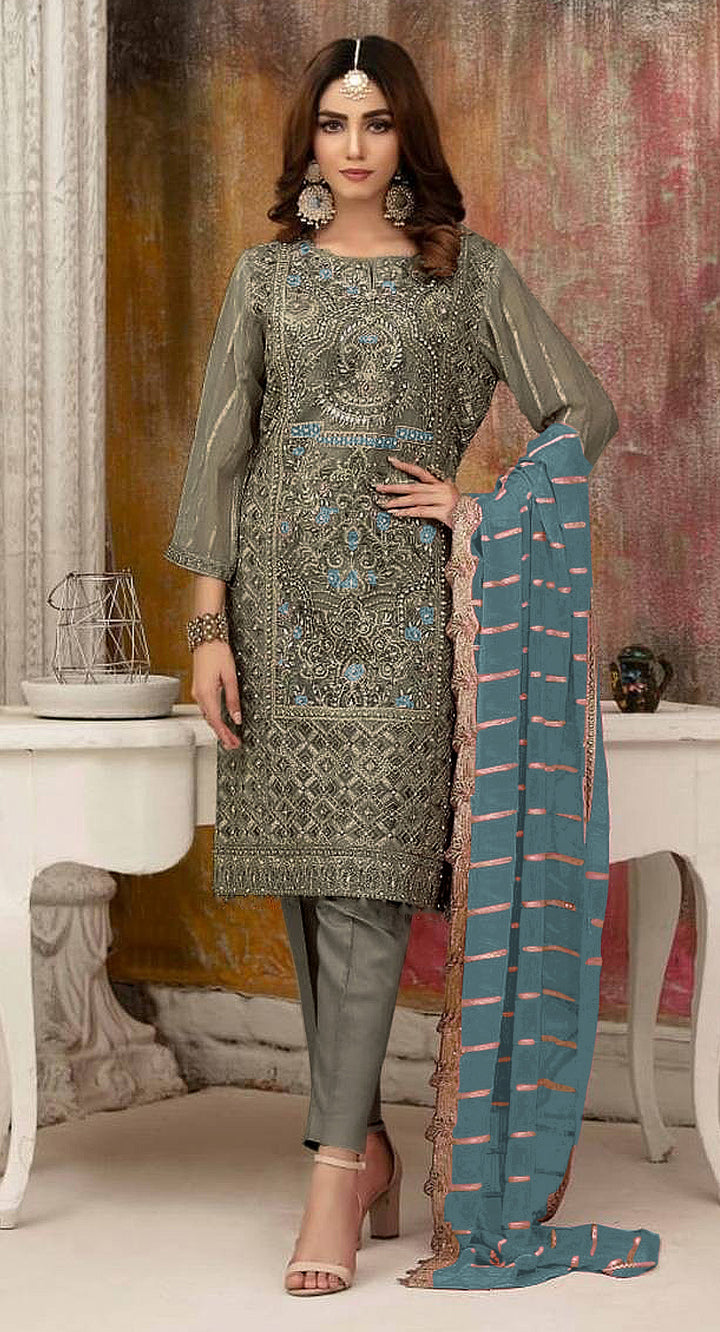 Designer Embroidered Salwar Suit | Gray Traditional Outfit with Santoon Bottom