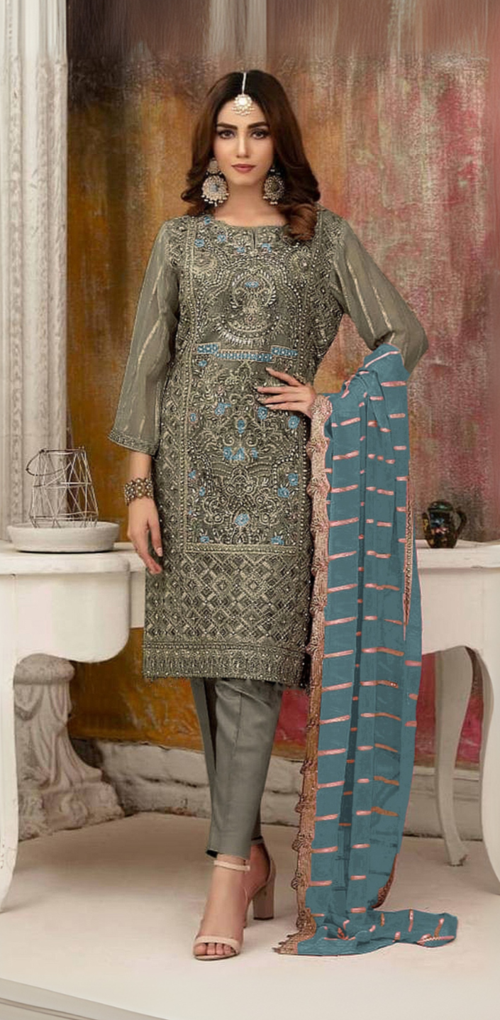 Designer Embroidered Salwar Suit | Gray Traditional Outfit with Santoon Bottom