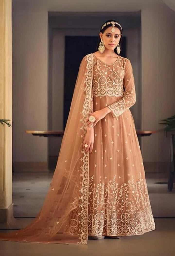 Brown Butterfly Net Anarkali Set | Perfect for Festive Wear