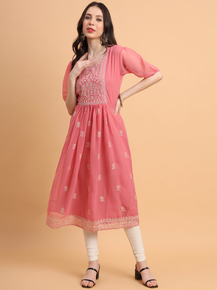 Trendy Long Kurti for Women | Georgette with Intricate Thread Embroidery