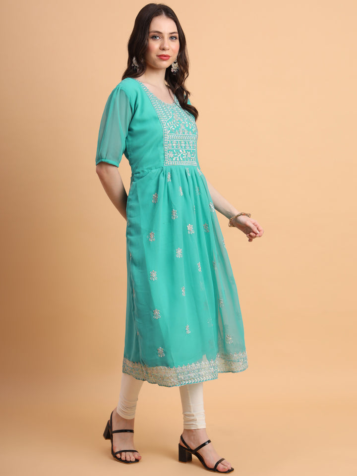 Trendy Long Kurti for Women | Georgette with Intricate Thread Embroidery