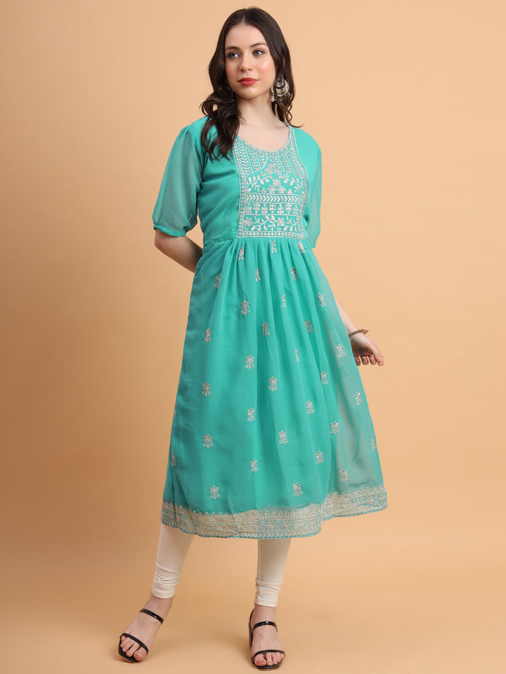 Trendy Long Kurti for Women | Georgette with Intricate Thread Embroidery
