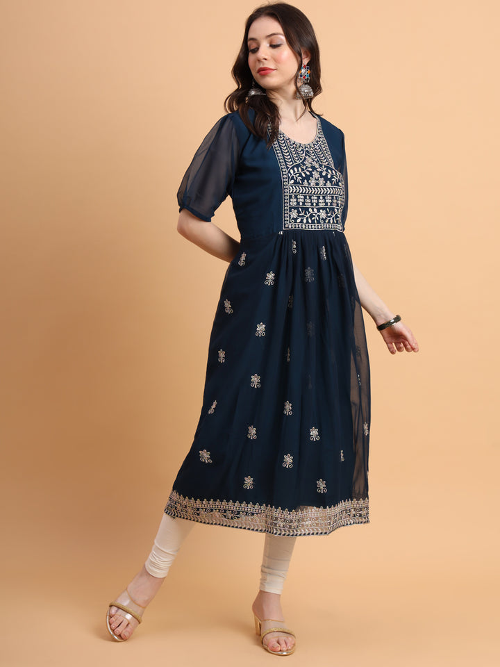 Trendy Long Kurti for Women | Georgette with Intricate Thread Embroidery