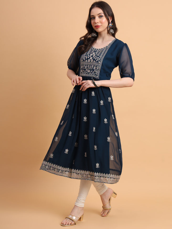 Trendy Long Kurti for Women | Georgette with Intricate Thread Embroidery