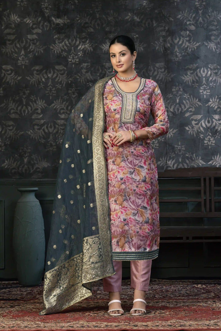Organza Kurtis Set with Hand-Work | Three-Quarter Sleeve for Parties and Weddings