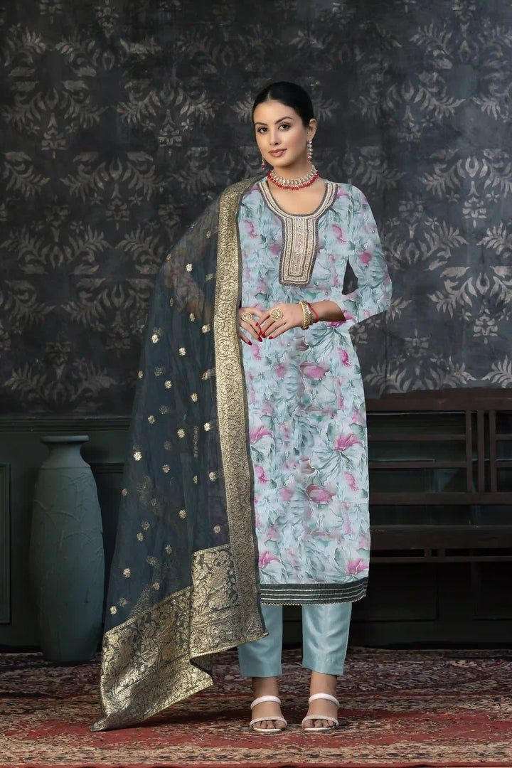 Organza Kurtis Set with Hand-Work | Three-Quarter Sleeve for Parties and Weddings