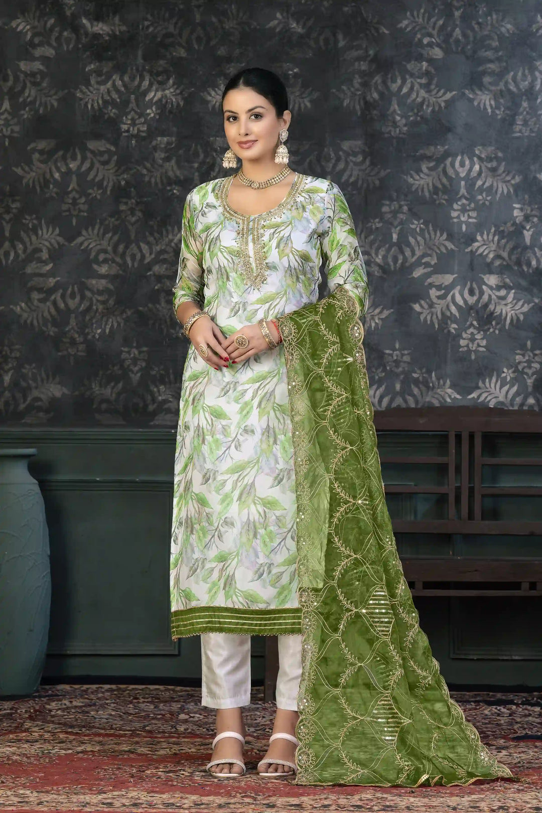 Elegant Organza Kurtis Set with Hand-Work | Three-Quarter Sleeve Party Wear