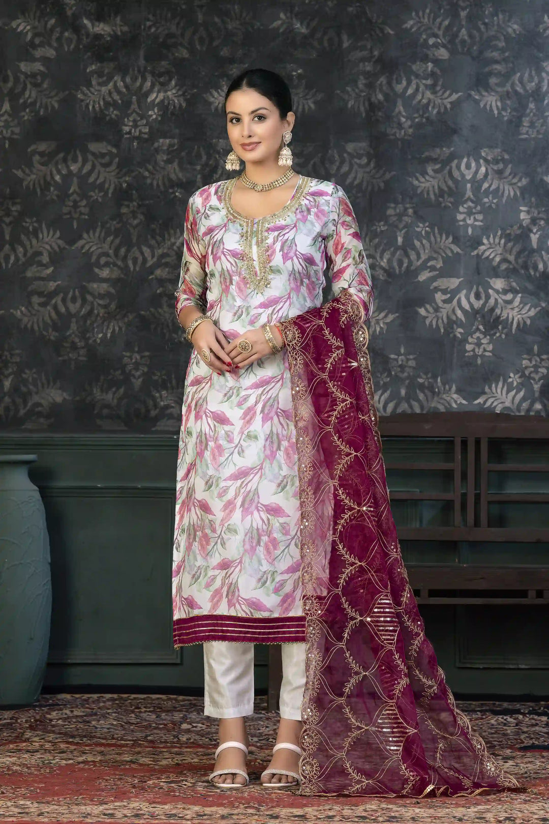 Elegant Organza Kurtis Set with Hand-Work | Three-Quarter Sleeve Party Wear