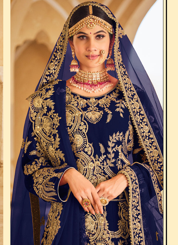 Velvet Bridal Lehenga Choli with Net Dupatta | Dori & Zarkan Embroidery Work