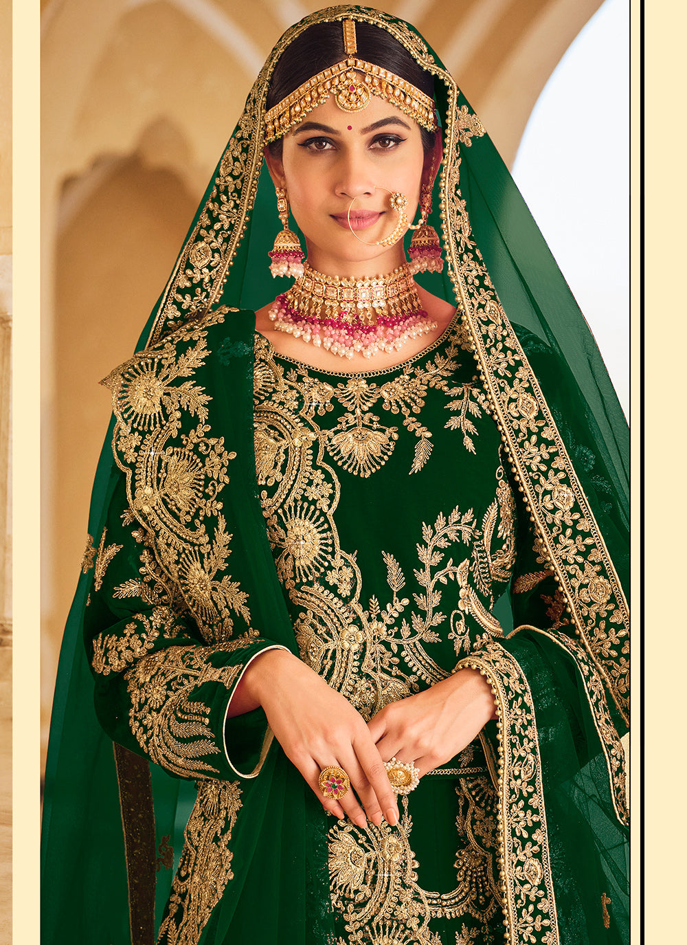 Velvet Bridal Lehenga Choli with Net Dupatta | Dori & Zarkan Embroidery Work