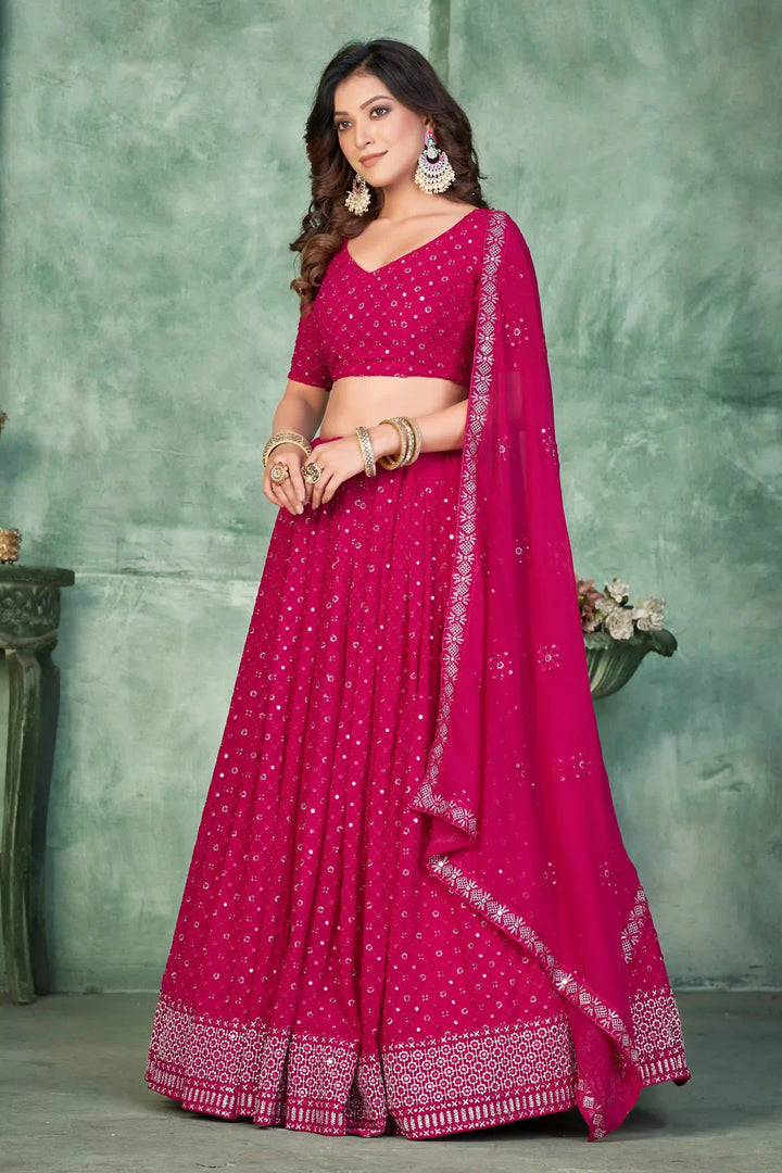 Rani Pink Georgette Lehenga Choli with Designer Embroidery Work | Wedding Wear