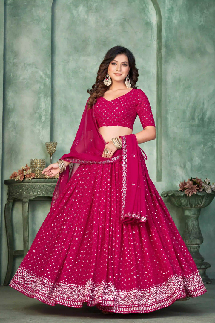 Rani Pink Georgette Lehenga Choli with Designer Embroidery Work | Wedding Wear