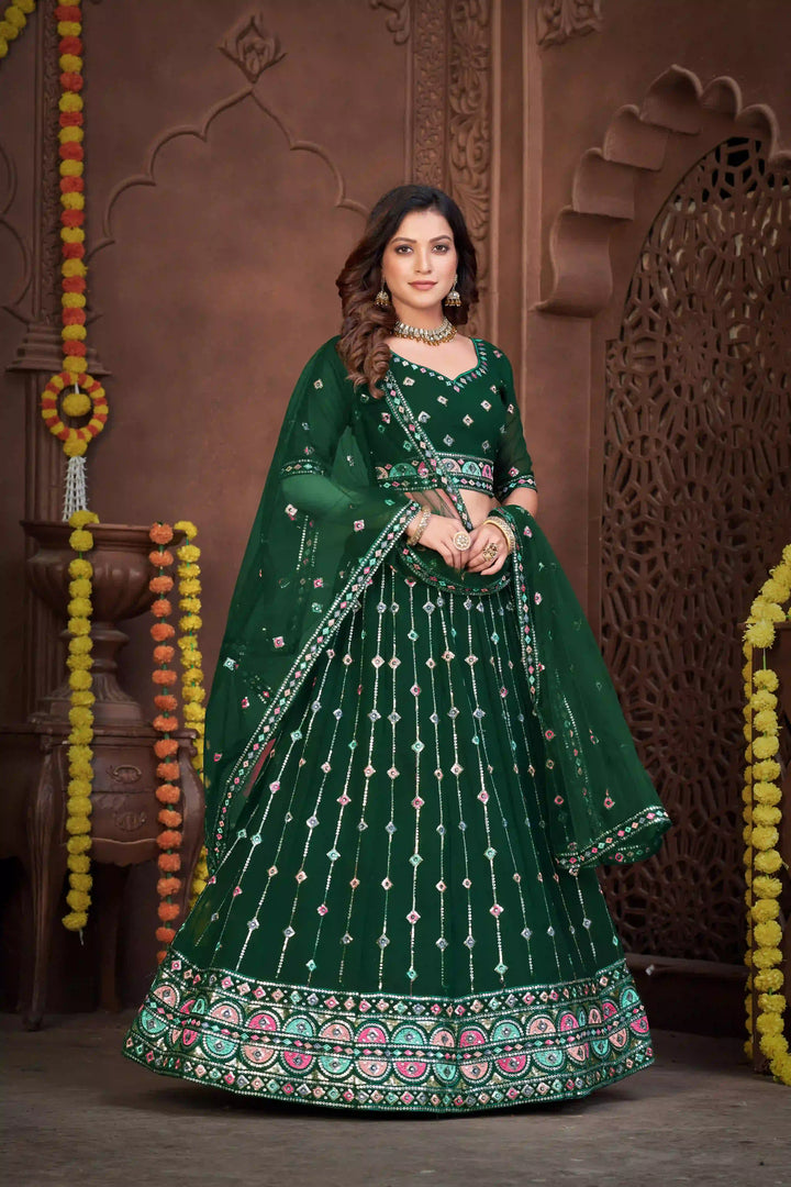 Green Georgette Lehenga Choli with Net Dupatta and Designer Embroidery | Wedding Wear