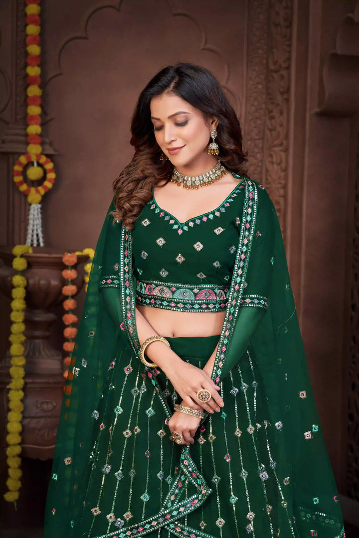 Green Georgette Lehenga Choli with Net Dupatta and Designer Embroidery | Wedding Wear