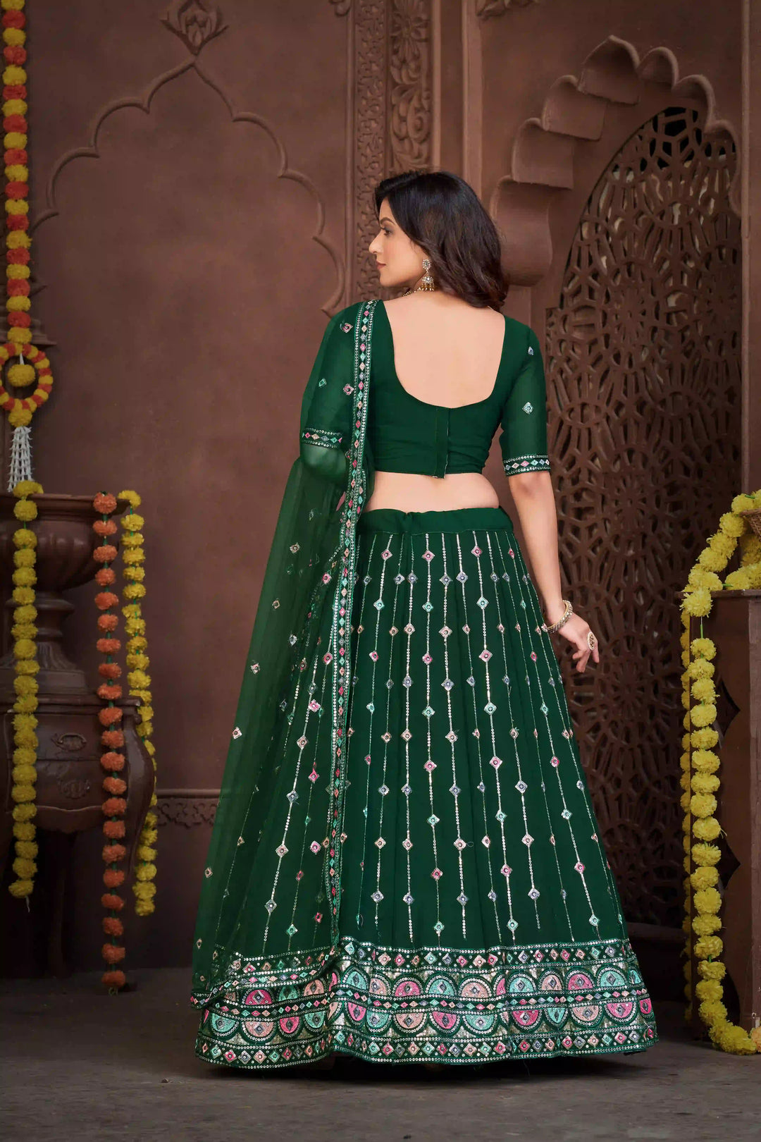 Green Georgette Lehenga Choli with Net Dupatta and Designer Embroidery | Wedding Wear
