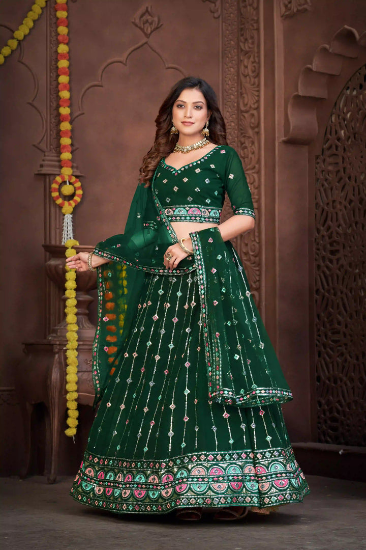 Green Georgette Lehenga Choli with Net Dupatta and Designer Embroidery | Wedding Wear