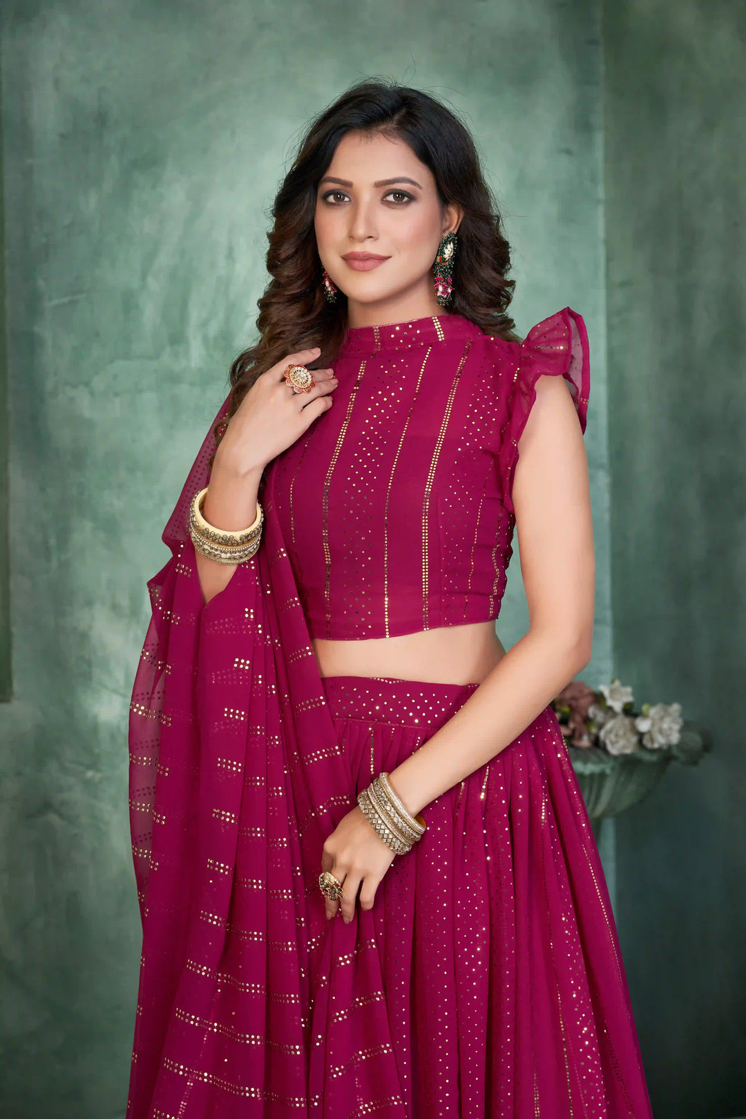 Bright Pink Georgette Lehenga Choli | Designer Embroidery Work