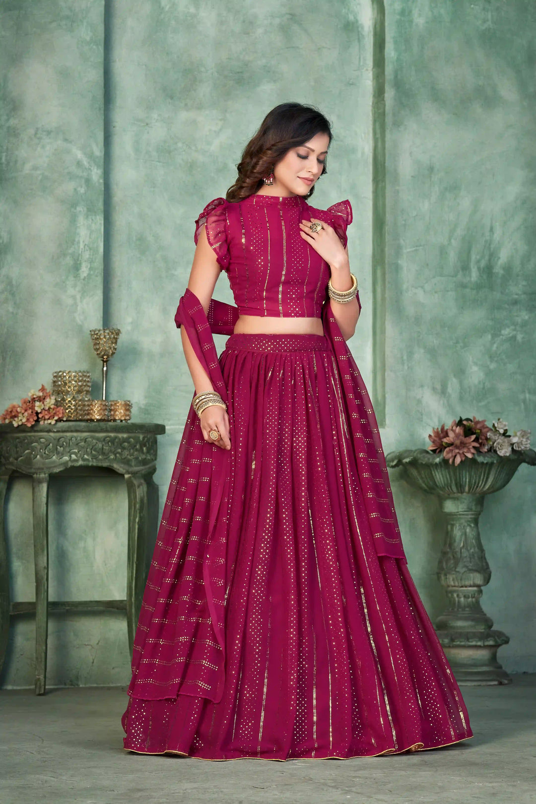 Bright Pink Georgette Lehenga Choli | Designer Embroidery Work