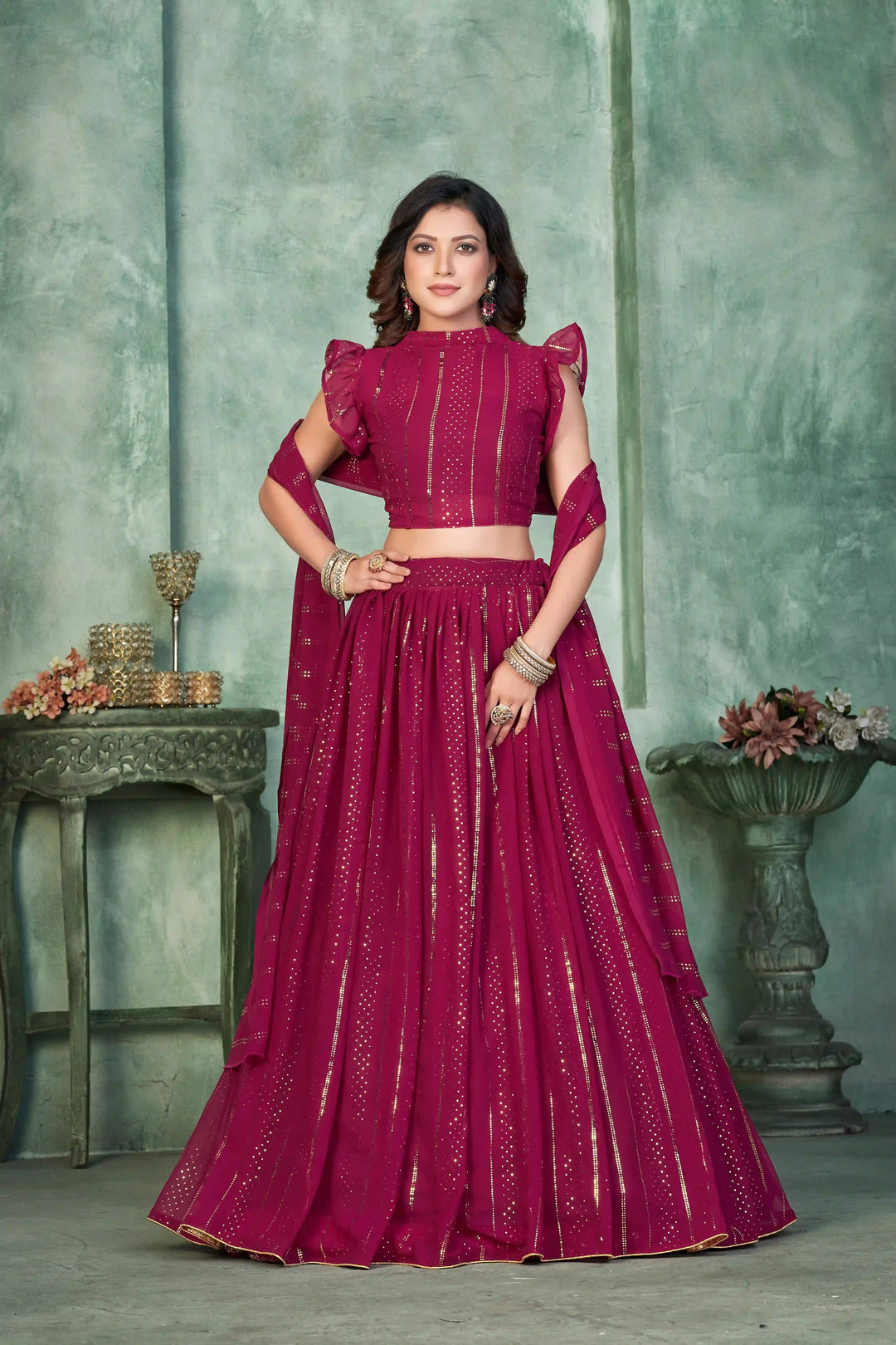 Bright Pink Georgette Lehenga Choli | Designer Embroidery Work