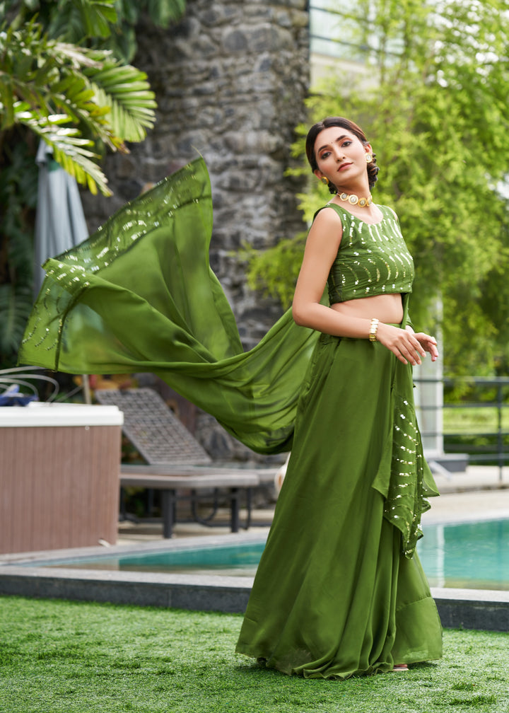 Olive Green Rangoli Silk Lehenga Choli with Designer Embroidery | for Festive Occasions