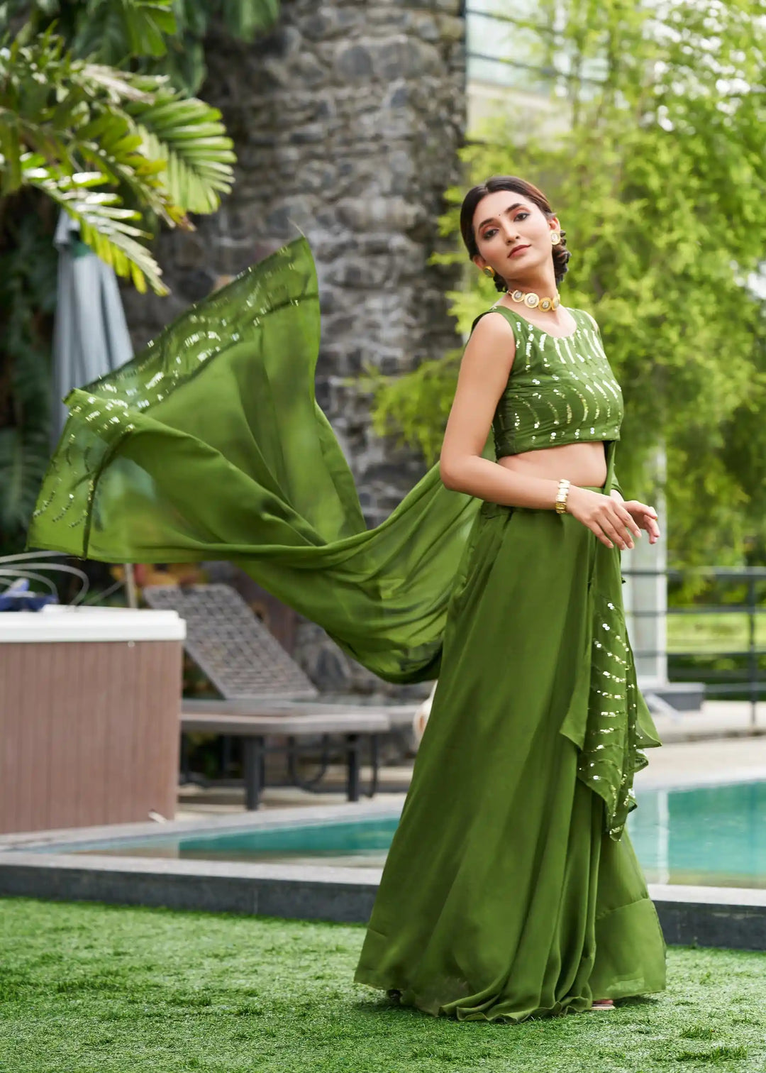 Olive Green Rangoli Silk Lehenga Choli with Designer Embroidery | for Festive Occasions
