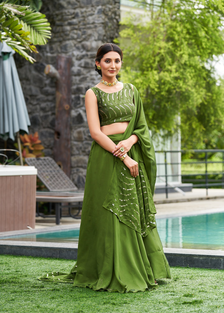 Olive Green Rangoli Silk Lehenga Choli with Designer Embroidery | for Festive Occasions