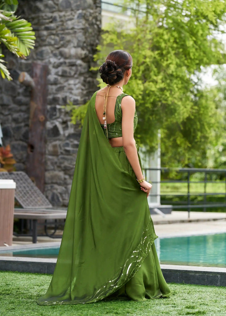 Olive Green Rangoli Silk Lehenga Choli with Designer Embroidery | for Festive Occasions