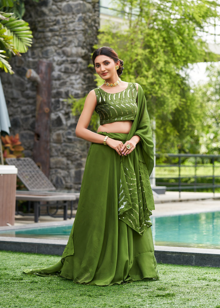 Olive Green Rangoli Silk Lehenga Choli with Designer Embroidery | for Festive Occasions