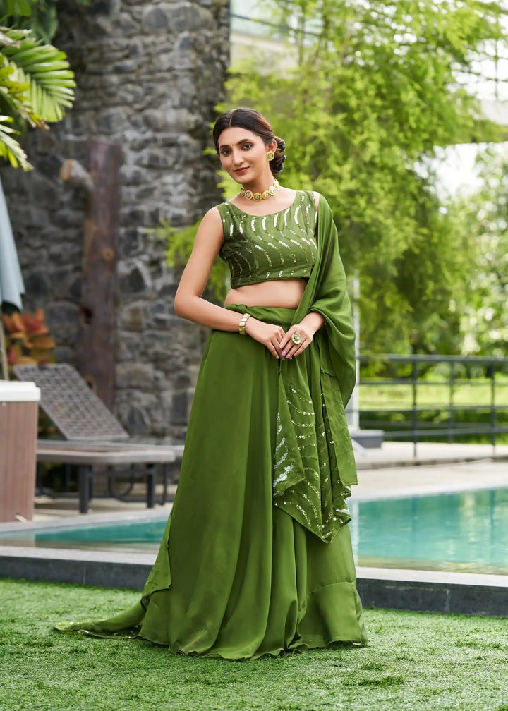 Olive Green Rangoli Silk Lehenga Choli with Designer Embroidery | for Festive Occasions