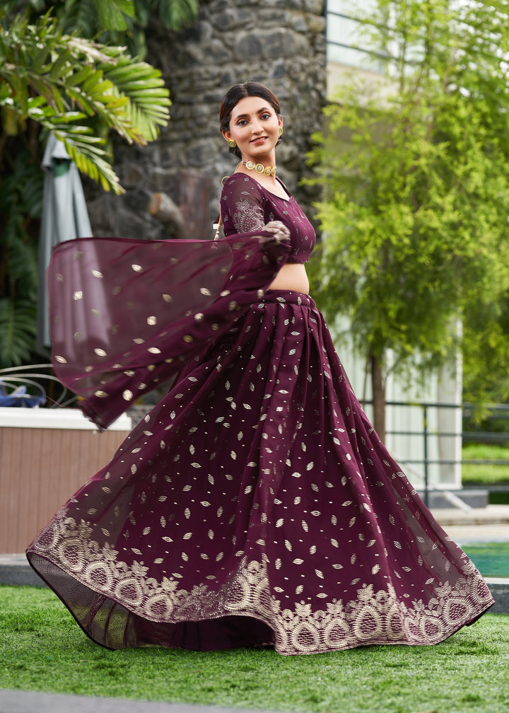 Wine Georgette Lehenga Choli with Designer Embroidery Work | Wedding Wear