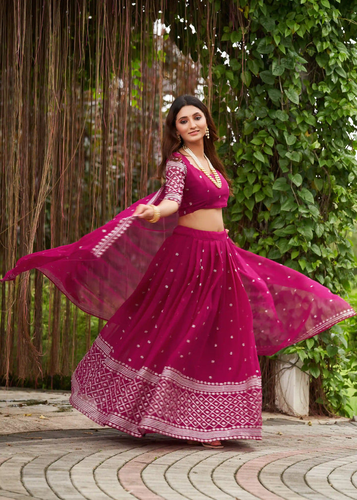Bright Pink Georgette Lehenga Choli with Designer Embroidery | for Festive Occasions