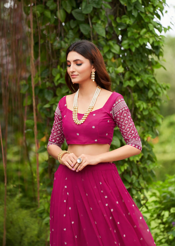 Bright Pink Georgette Lehenga Choli with Designer Embroidery | for Festive Occasions