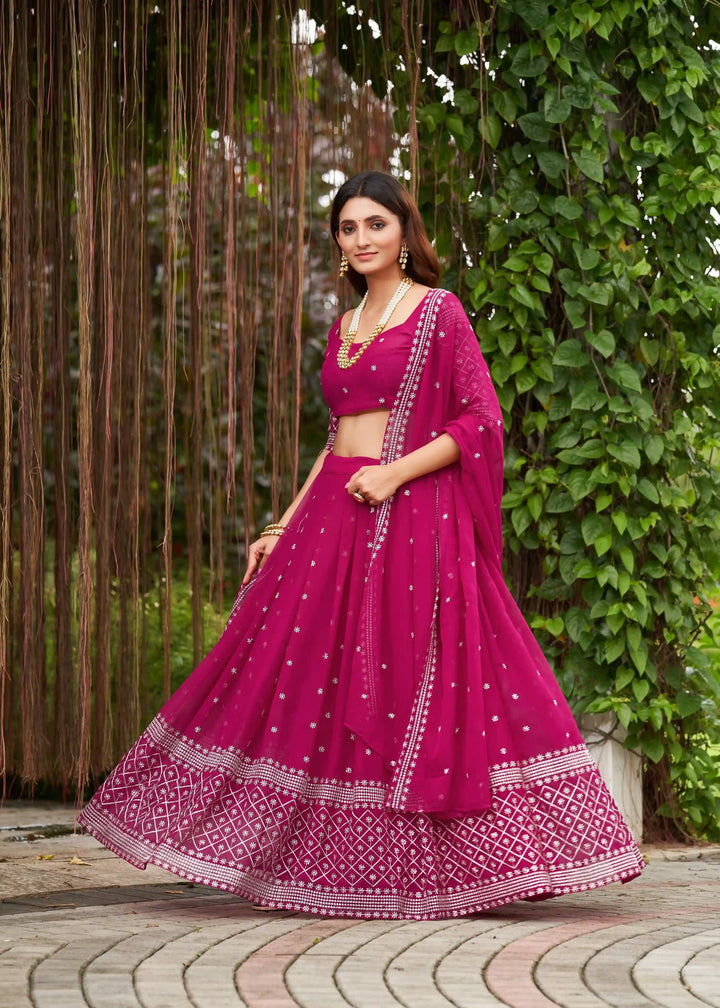 Bright Pink Georgette Lehenga Choli with Designer Embroidery | for Festive Occasions
