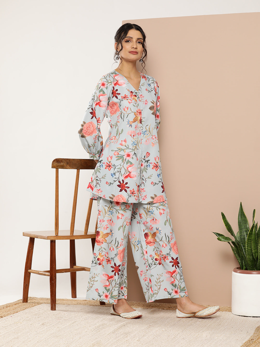 Blue Crepe Co-Ord Set | Designer Printed Top & Bottom for Women