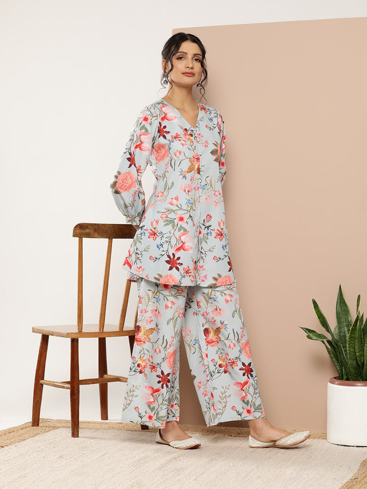Blue Crepe Co-Ord Set | Designer Printed Top & Bottom for Women