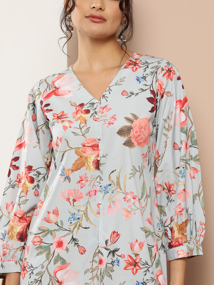 Blue Crepe Co-Ord Set | Designer Printed Top & Bottom for Women