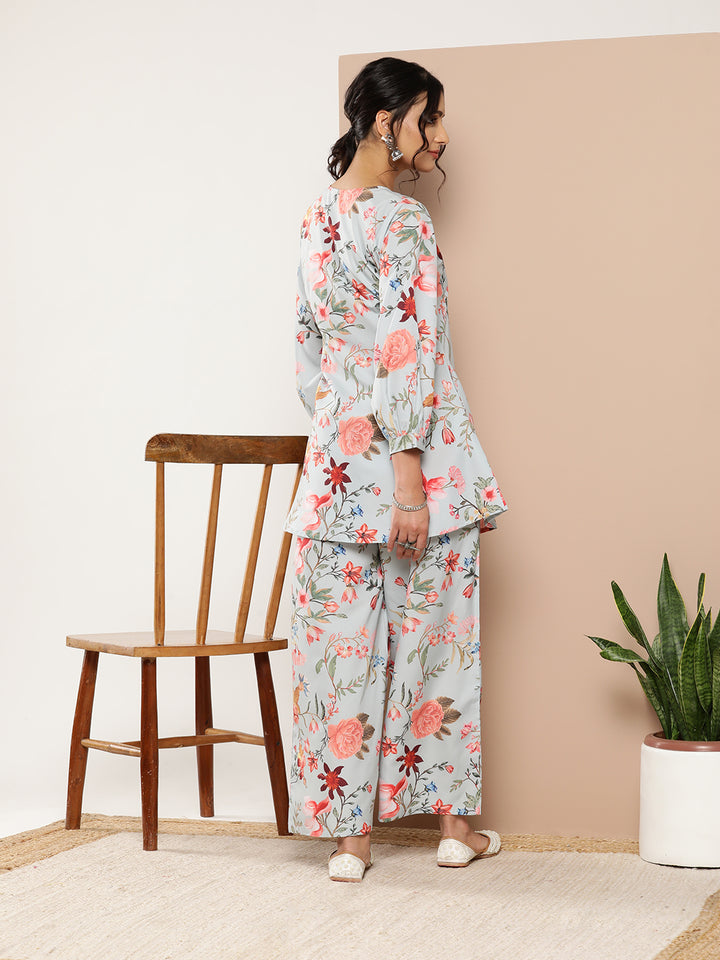 Blue Crepe Co-Ord Set | Designer Printed Top & Bottom for Women
