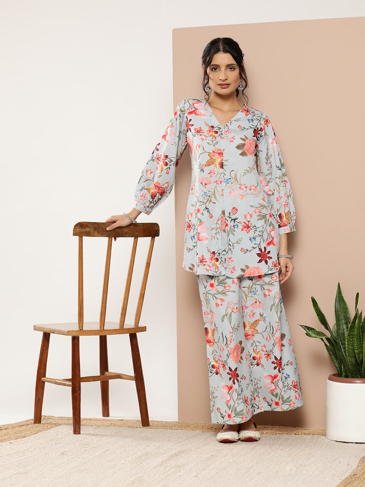 Blue Crepe Co-Ord Set | Designer Printed Top & Bottom for Women