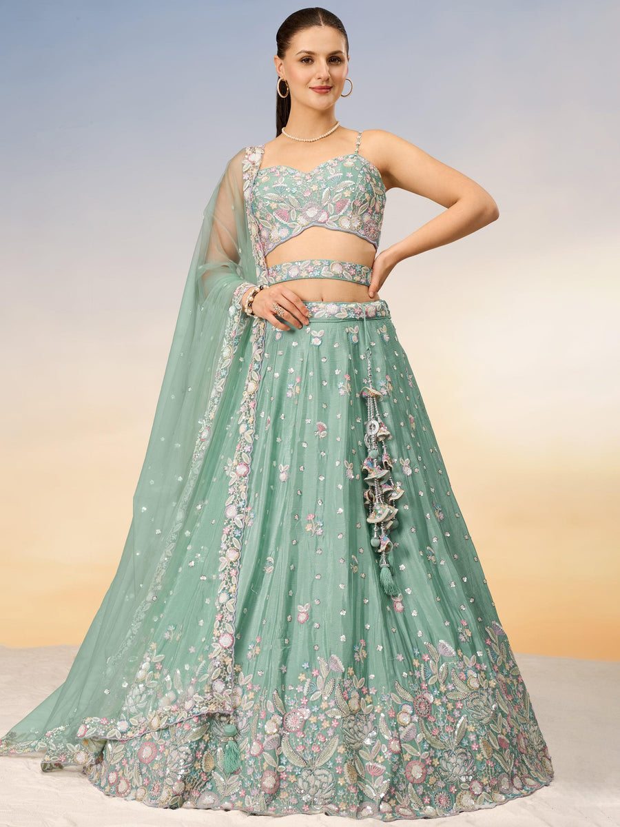 Gorgeous Sea Green Sequins Chiffon Engagement Wear Lehenga Choli