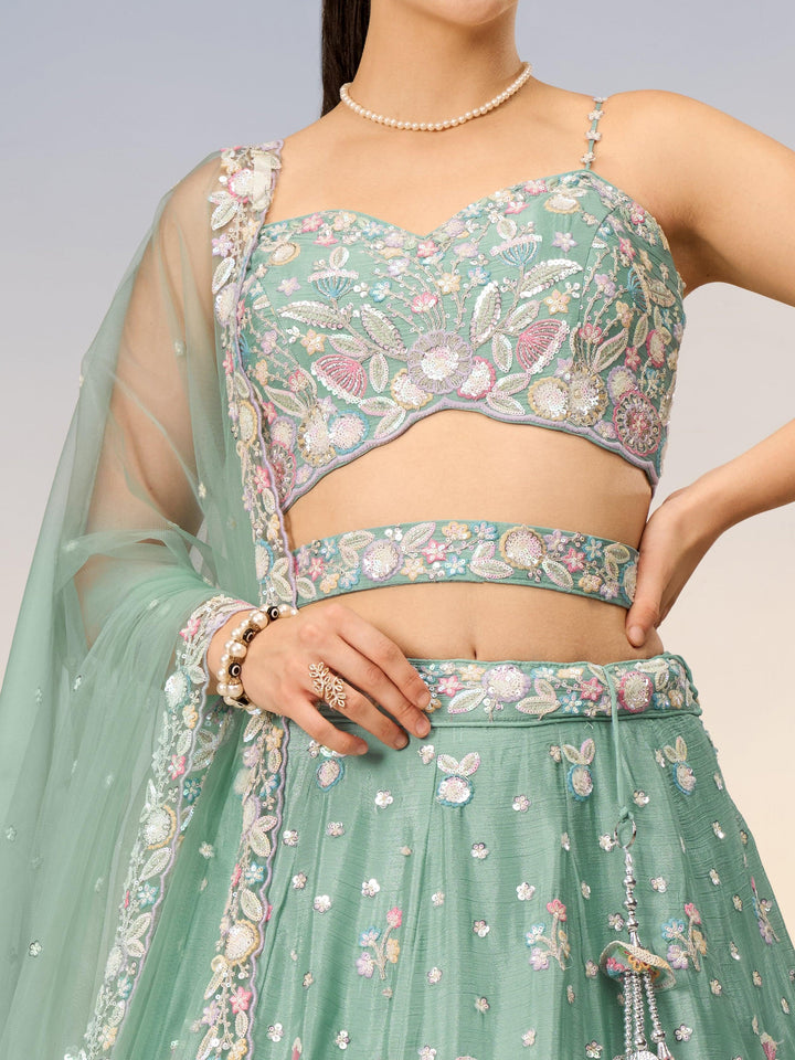 Gorgeous Sea Green Sequins Chiffon Engagement Wear Lehenga Choli