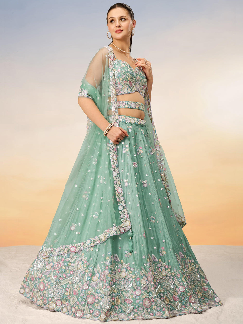 Gorgeous Sea Green Sequins Chiffon Engagement Wear Lehenga Choli