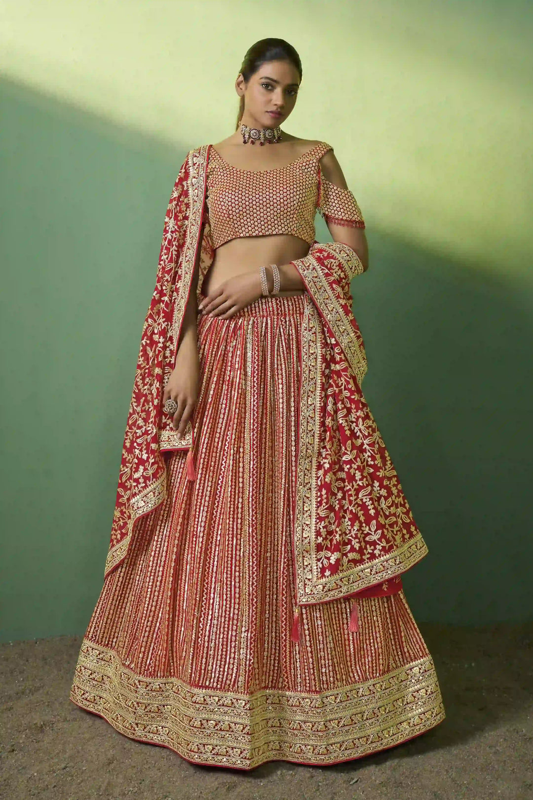Radiant Red Georgette Lehenga with Red Dupatta | Perfect for Weddings and Celebrations
