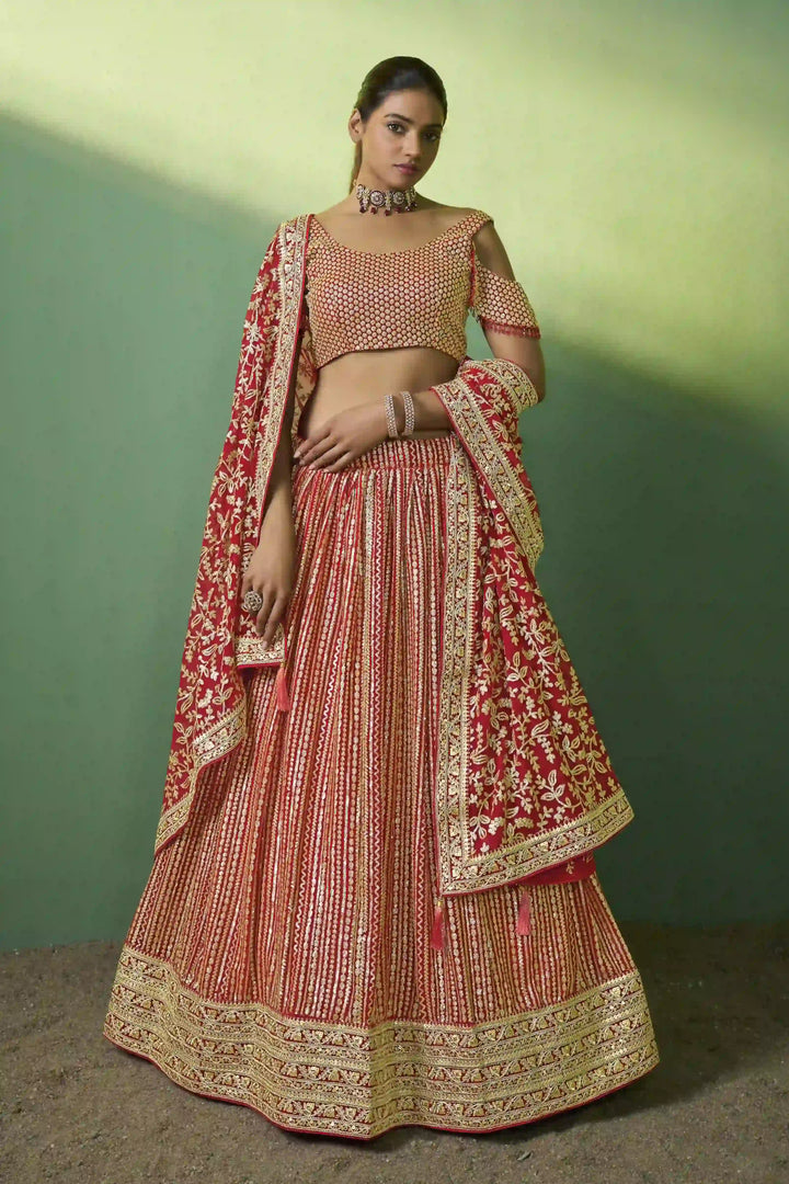 Radiant Red Georgette Lehenga with Red Dupatta | Perfect for Weddings and Celebrations
