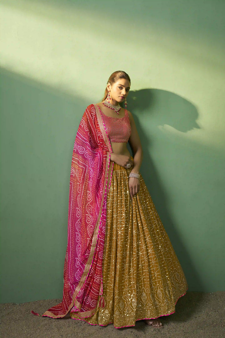 Sophisticated Mustard Georgette Lehenga with Pink Dupatta | Elegance Redefined for Brides